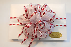 Box wrapped with red and white chiffon.